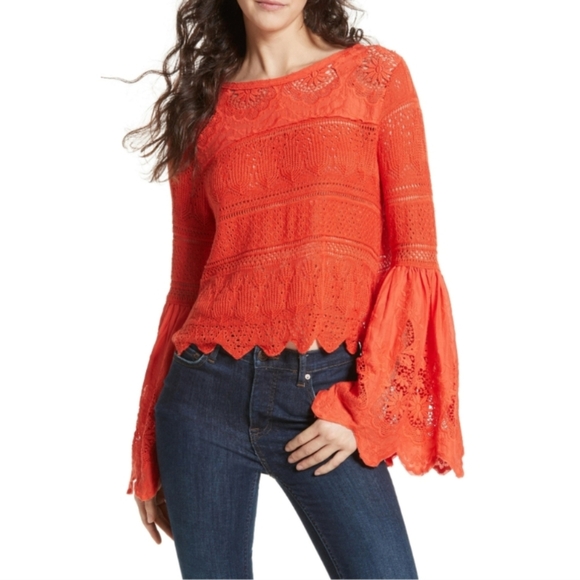 Free People Once Upon a Time Bell Sleeve Top knit lace detail size S NWOT - Picture 1 of 10